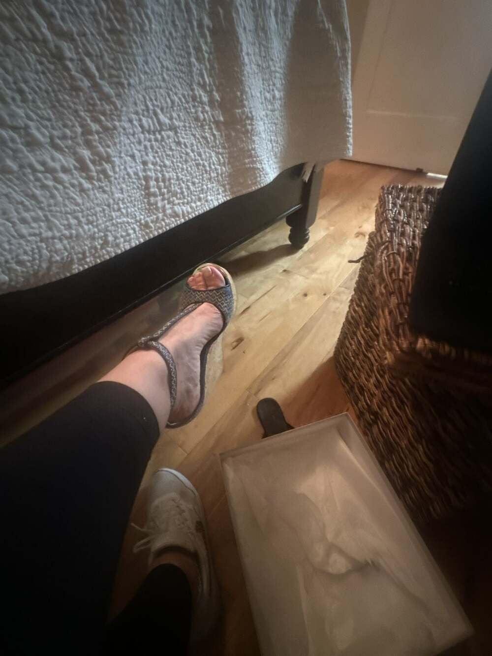 Authentic Jimmy Choo Wedge Pela 37.5 Navy/Marble Woven Fabric